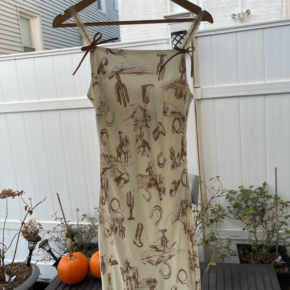 Cream Maxi Dress with Brown Western Print - Picture 3 of 16